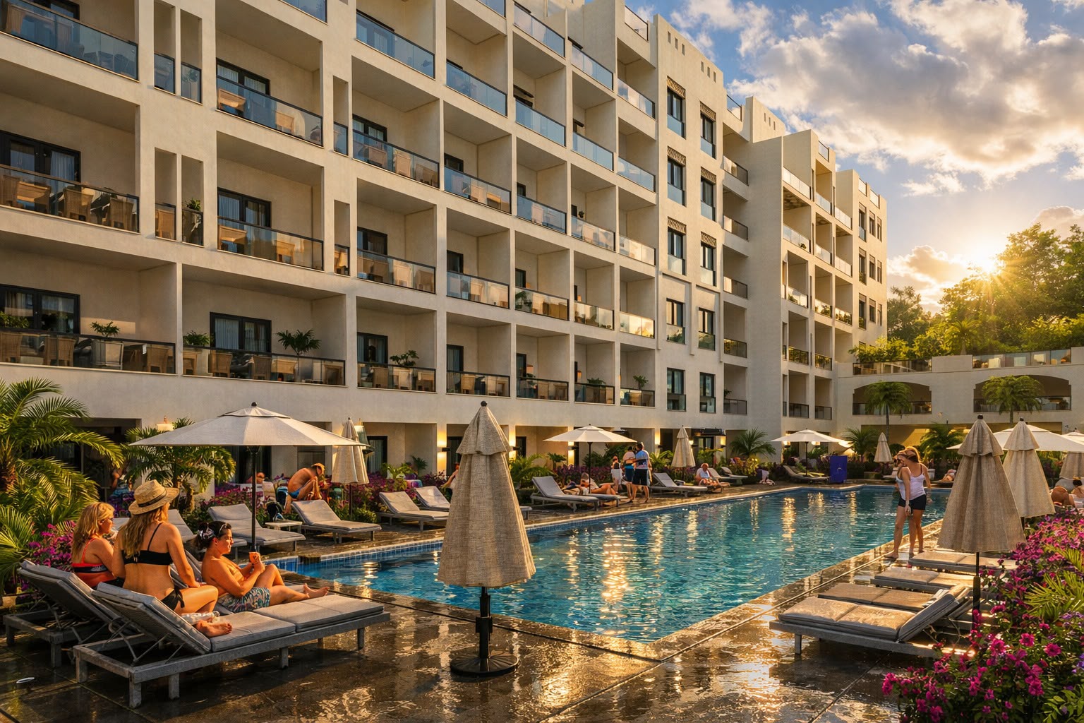 Orgwan Resort Hurghada poolside apartments at sunset